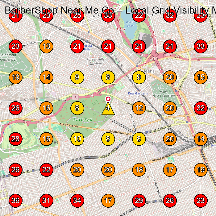 BarberShop Near Me Co GeoGrid visibility map for Barber Shop in Forest Hills